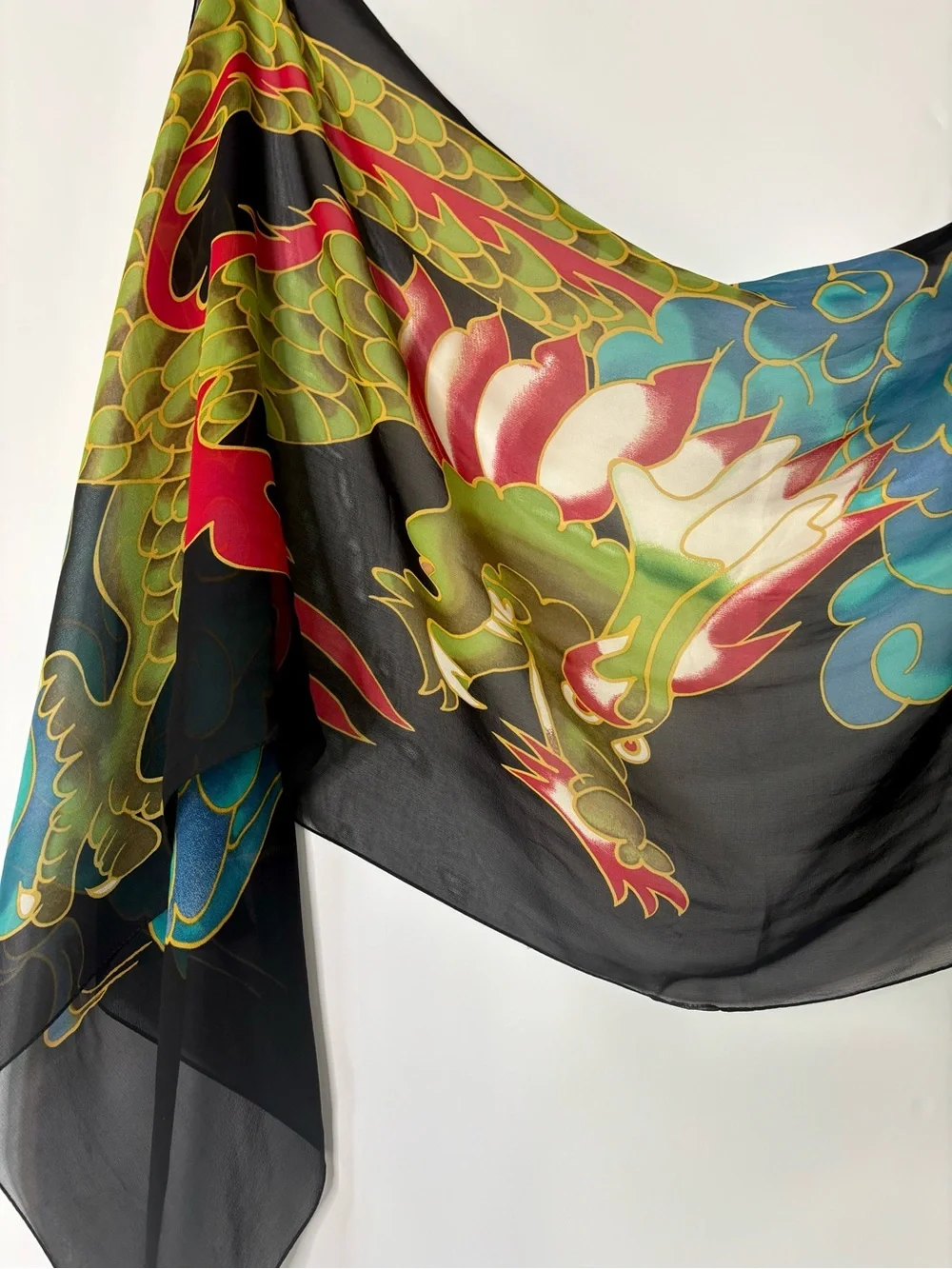 Dragon Motif East Asian Colorful‎ Hand Painted Lightweight Black Scarf 78”